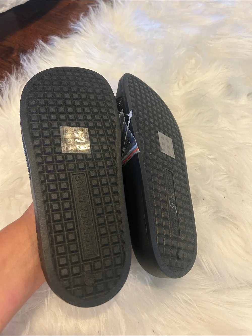 Michael Kors Black Rhinestone MK Slide Sandals